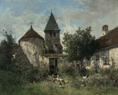 Le cour de ferme, les poules de Charles Emile Jacque