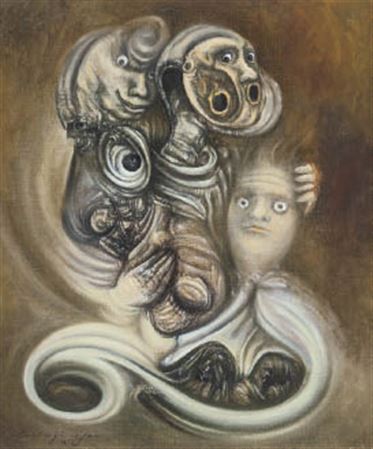 Sample artwork by Kikuji Yamashita (1919 - 1986), known for politically charged surrealist painting addressing wartime trauma, social injustice, and postwar japanese protest culture - View similar artists and auction records