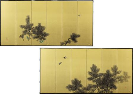 Young pine tree (a pair of 6-panel byobu screens) by Imao Keinen - Auction record, sale price, and art valuation. Compare with similar artists and explore comparable artworks.