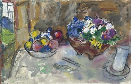 Fleurs et fruits sur une table à Sils Maria