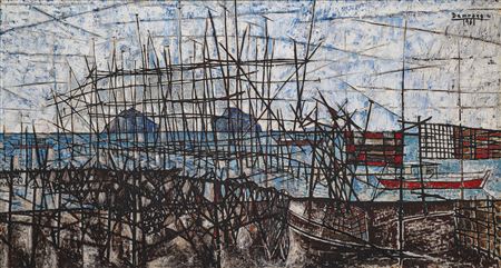 Shore Scene with Boats, Rocks and Scaffold-Like Poles