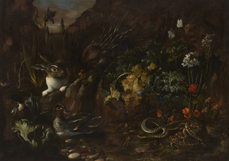A forest floor with a porcupine, rabbit, ducks, tortoises and a snake by Paolo Porpora - Auction record, sale price, and art valuation. Compare with similar artists and explore comparable artworks.