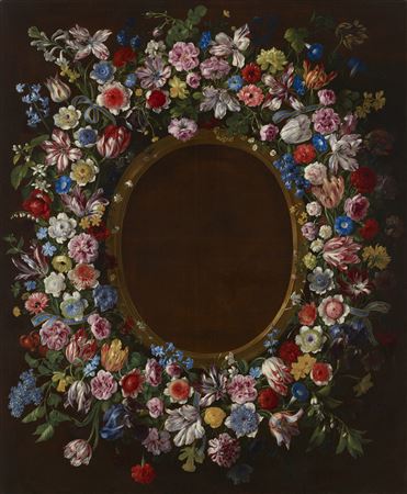 A garland of tulips, narcissus, hyacinths, roses, irises, variegated carnations, jonquils, lilies of the valley and other flowers intertwined with blue ribbon around a trompe l'oeil gilded frame