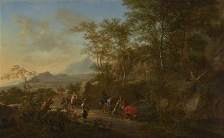 An Italianate landscape with huntsmen and villagers on a path and shepherds with their herd in the background by Jan Dirksz Both - Auction record, sale price, and art valuation. Compare with similar artists and explore comparable artworks.