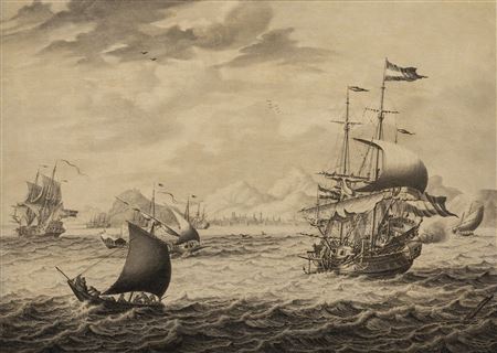 A Dutch ship and vessel under sail in a moderate breeze off a high coast