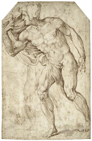 A nude man in profile to the left (recto); A nude youth seen from the back, pointing upwards (verso)