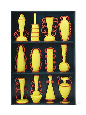 'Yellow with Red Vessel Display' Group of Twelve Glass Vases and a Hanging-Case
