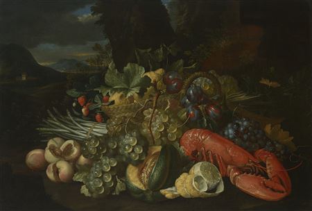 A basket of lemons, asparagus, peaches, a melon, plums, grapes and other fruit with a lobster, in a landscape