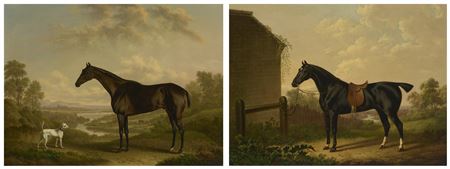 A dark bay Hunter with a terrier in a landscape; and A saddled black hunter in a landscape