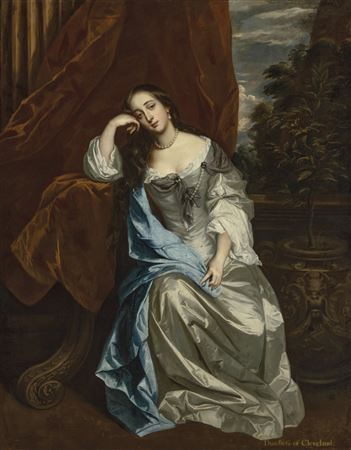Portrait of Barbara Villiers, Countess of Castlemaine and later Duchess of Cleveland (1640-1709), full-length, seated in a silver dress and blue drapery, a landscape beyond