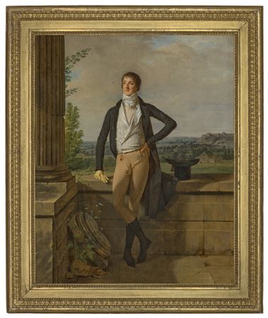 Portrait of Barthélémy Charles, Comte de Dreux-Nancré (1760-1863), small full-length, standing in front of a balustrade, a landscape beyond