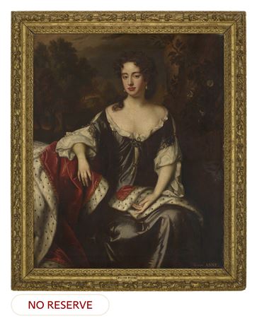 Portrait of Queen Anne (1665-1714), when Princess of Denmark, three-quarter-length, in a blue dress with ermine robes, seated in a landscape