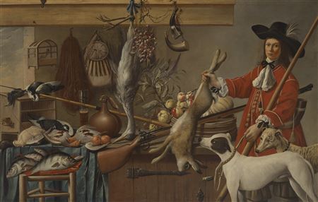 A huntsman holding a dead hare, with his two dogs, next to a partially draped ledge with birds, fruit and hunting paraphernalia, and a stool laden with fish