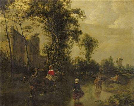 A river landscape with a horse-drawn cart carrying a lady with baskets of vegetables across a ford next to a castle, a drover, cattle and windmill beyond by Jan Siberechts - Auction record, sale price, and art valuation. Compare with similar artists and explore comparable artworks.