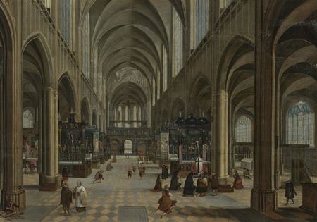 The interior of Antwerp Cathedral with figures attending a Mass