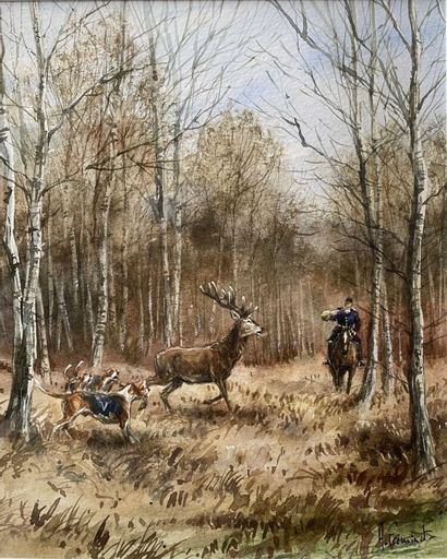 HUNTER AND DEER IN THE WOODS