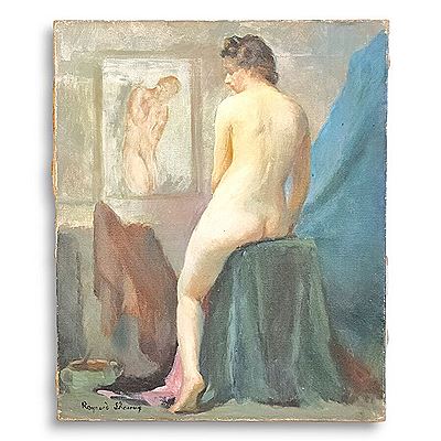 Nude woman seated on a pedestal table