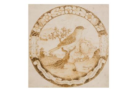 A bird in an extensive landscape, in a decorated surround