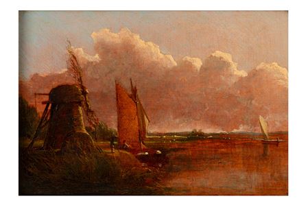River scene with barge by a windmill