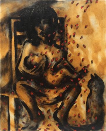 Sitzende Frau mit Kind auf dem Schoß und Katze (Danaë mit dem Goldregen)