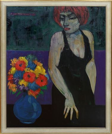 Hüftbildnis einer Frau mit Blumenstrauß