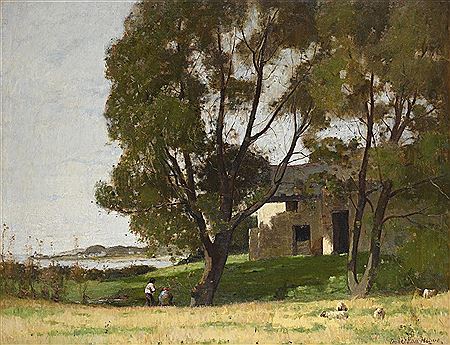 TWO CHILDREN OUTSIDE A FARMHOUSE
