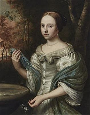 PORTRAIT OF A YOUNG WOMAN IN WHITE DRESS AND GREEN SHAWL
