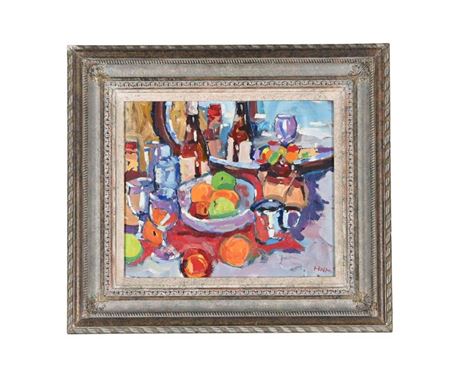 STILL LIFE WITH MIRROR, FRUIT & BOTTLES