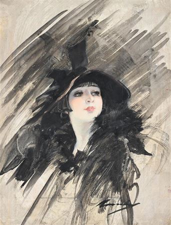 PORTRAIT OF A YOUNG WOMAN WEARING A BLACK HAT