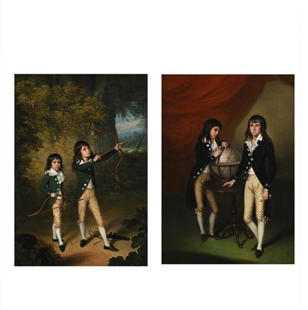 A DOUBLE PORTRAIT OF TWO BOYS, ONE POINTING TO INDIA ON A GLOBE: A DOUBLE PORTRAIT OF TWO BOYS, PRACTICING ARCHERY (2)