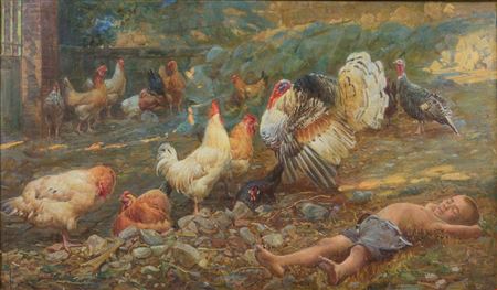 Sleeping boy with chickens