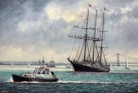 Departure of the 'Sail Training Ship Winston Churchill' from Hull on the River Humber