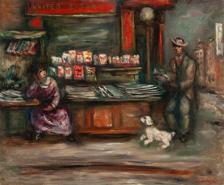 "In front of a newspaper stand"