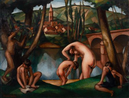 Bathers by the river shore