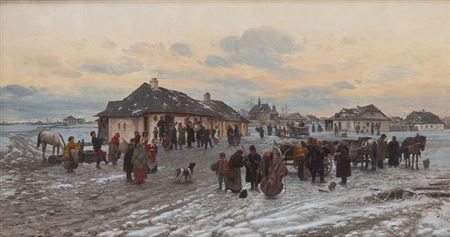 Travelling musicians in a Galician village