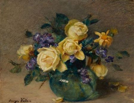 Bouquet de violettes et roses jaunes