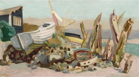 Shorescape (Fishing boats on the English coast) by Hans Feibusch - Auction record, sale price, and art valuation. Compare with similar artists and explore comparable artworks.