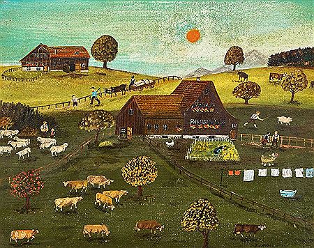 Landscape with grazing cows and sheep