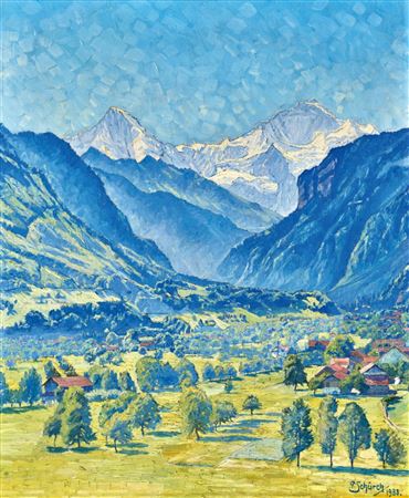 Sommerliches Tal mit Mönch und Jungfrau by Paul Schurch - Auction record, sale price, and art valuation. Compare with similar artists and explore comparable artworks.
