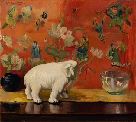 Still Life with Elephant Figurine against a Chinoiserie Wallpaper