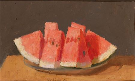 Six Watermelon Wedges on a Glass Plate on a Dark Grey Background, 2001