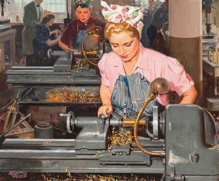 Women Working Lathes at Munitions Factory by Jerome Rozen - Auction record, sale price, and art valuation. Compare with similar artists and explore comparable artworks.