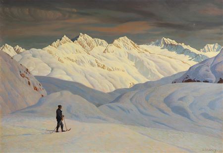 Skiers in the evening mountains by Leopold Scheiring - Auction record, sale price, and art valuation. Compare with similar artists and explore comparable artworks.