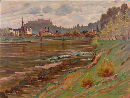 Evening mood on the Salzach with a view of the old town with fortress by Albin Muller-Rundegg - Auction record, sale price, and art valuation. Compare with similar artists and explore comparable artworks.