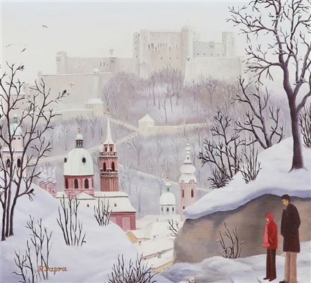 Snowy view from the Mönchsberg to Salzburg and the fortress