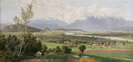 Wide view of Salzburg with Salzach and horse-drawn carriage as well as cattle seen from Maria Plain