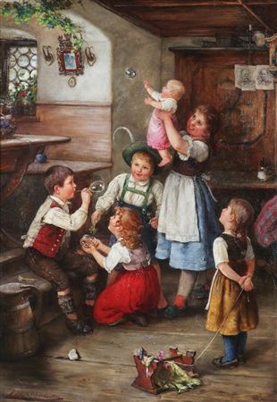 Six children in an interior playing with soap bubbles