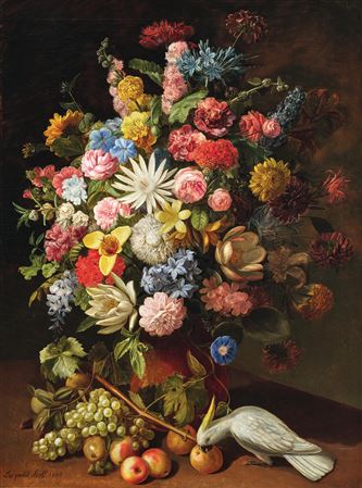 An Elaborate Floral Still Life with Roses, Iris, Grapes, Peaches and a Cockatoo