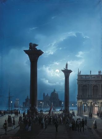 Venice, a View of Piazzetta San Marco with Santa Maria della Salute in the Distance in Moonlight`