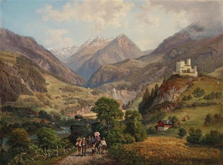 Excursionists in the Tauerntal Valley with a View of Weißenstein Castle near Matrei in Osttirol